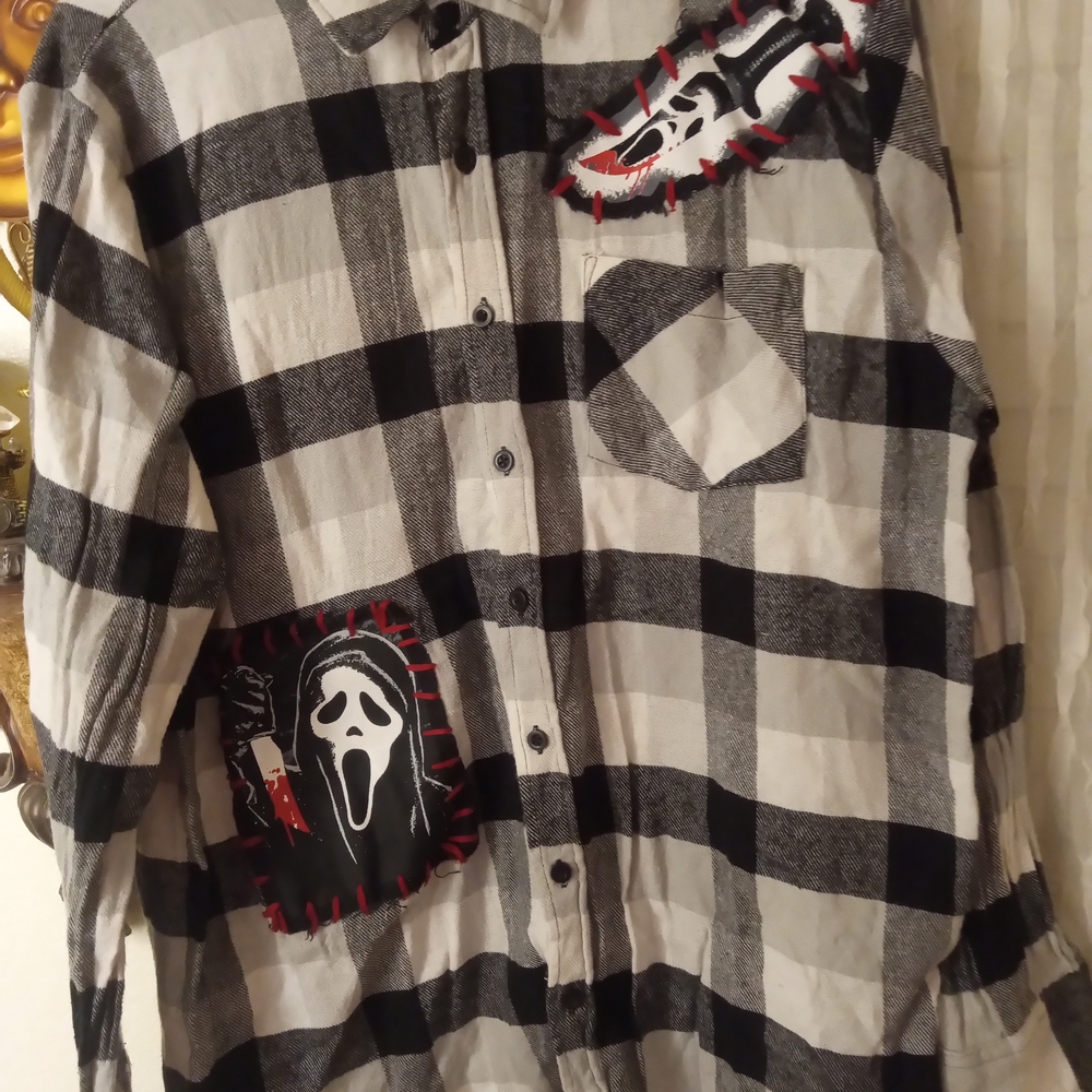 Ghost Face Scream Youth XL Black and White Checkered Button Down Shirt